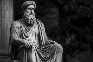 Marble Statue of Seated Man with Curly Beard in Toga - Ancient Greek Philosopher or Roman Emperor - Portraiture in Sculpture
