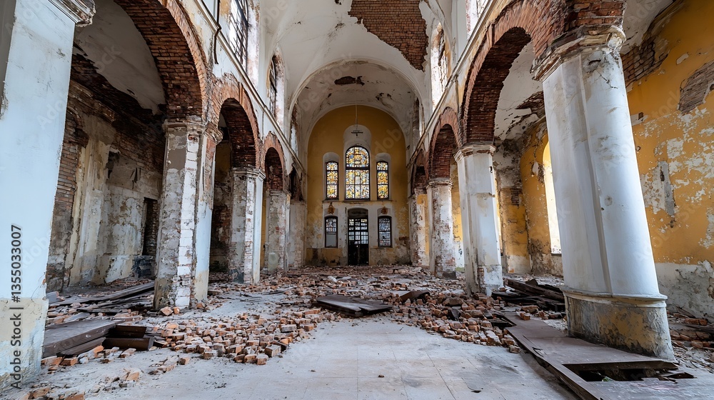 Poster inside view of a dilapidated church showcasing the beauty of decay and historic architecture : gener