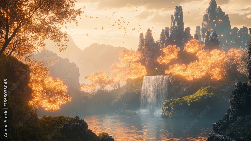 Aufkleber a captivating view of a fantasy forest with glowing orange trees surrounding a cascading waterfall a