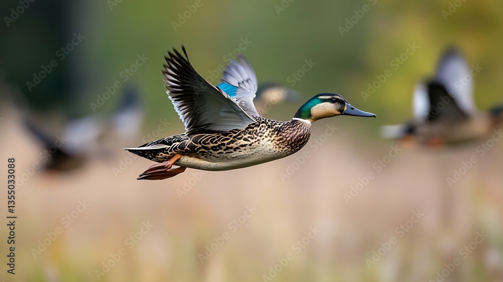 Poster majestic duck in flight captured beautifully in nature highlighting its vibrant features : generativ