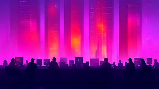 Night city programmers coding futuristic project - Powered by Adobe