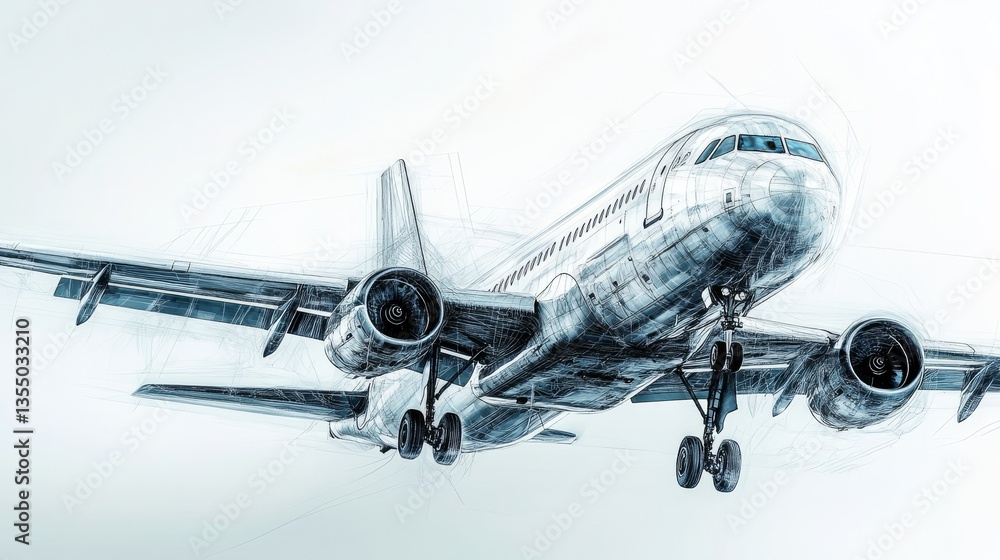 Poster a detailed, digitally rendered sketch of a commercial airplane in mid-flight, showcasing a technical