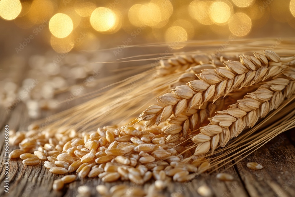 Aufkleber golden wheat grains on rustic wooden table with soft luxurious lighting creating a warm atmosphere