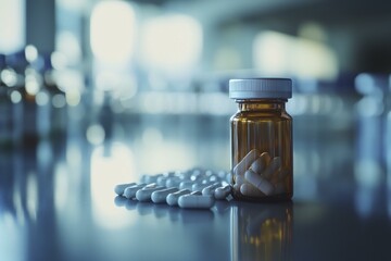 Pills spilling from amber bottle on counter in lab environment