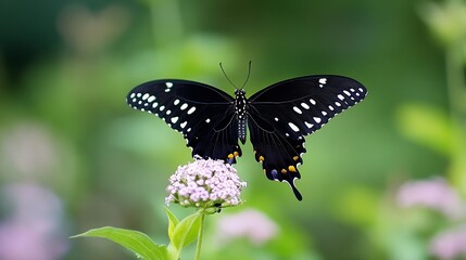 Naklejka premium Elegant Black Butterfly Perched on a Flower Surrounded by Lush Greenery in Nature : Generative AI
