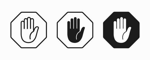Stop sign icon with hand, do not enter. Stop hand, hand gesture. Warning stop sign