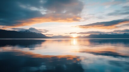 Fototapeta premium Breathtaking sunset over calm lake waters reflecting vibrant colors of the sky in serene nature landscape : Generative AI