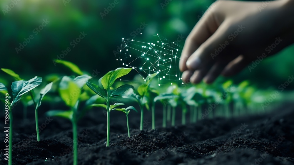 Poster hand planting small green seedlings with digital connection in rich soil environment : generative ai