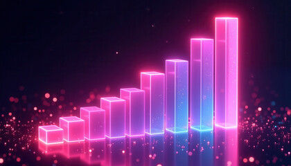Neon bar graph displaying growth against a dark background  