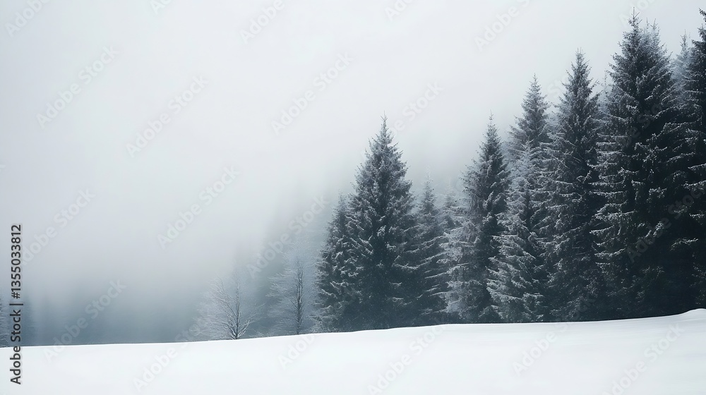 Poster a serene winter landscape with fog covering snowcovered trees in a forest : generative ai
