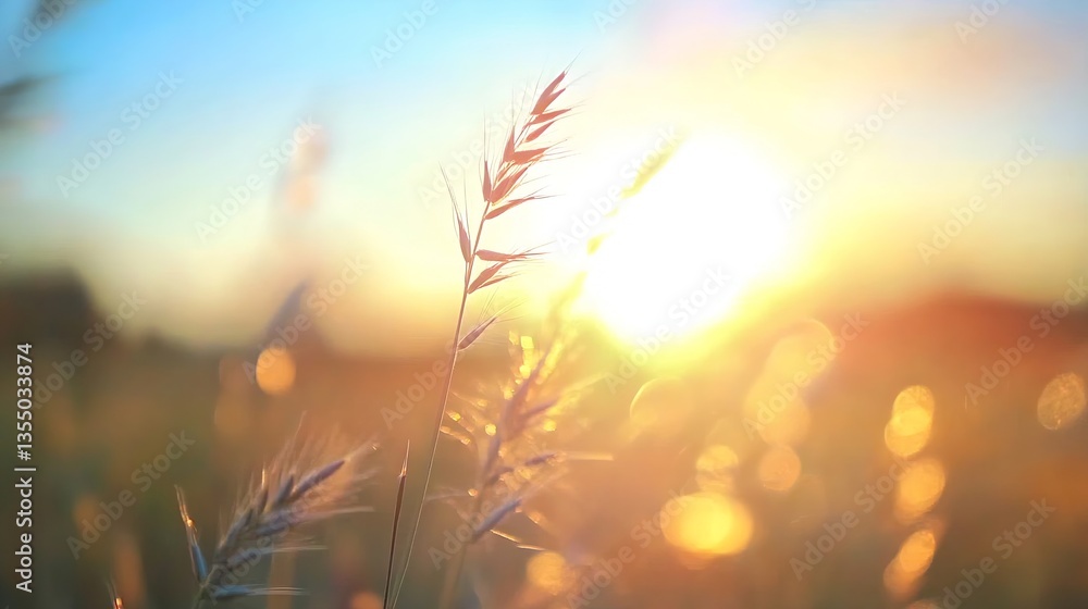 Aufkleber golden sunlight casting a warm glow over delicate grass blades in a tranquil setting : generative ai