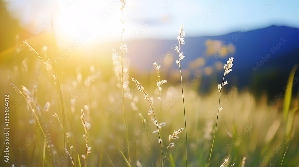 Poster golden morning light shines over serene field of grass in the early hours of day : generative ai