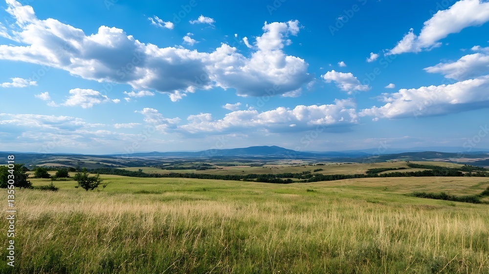 Poster expansive countryside landscape with rolling hills and fluffy clouds under a vibrant sky : generativ