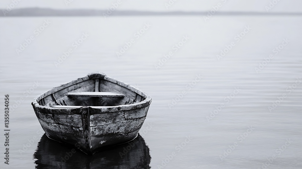 Poster mysterious black and white image of an old wooden boat floating calmly on still water : generative a