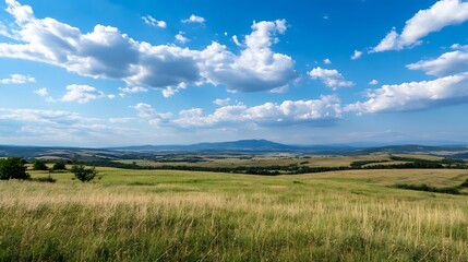 Fototapeta premium Expansive countryside landscape with rolling hills and fluffy clouds under a vibrant sky : Generative AI