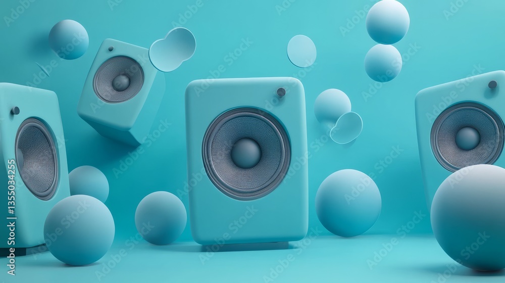 Poster stylish blue speaker boxes surrounded by floating spheres in a minimalistic environment. the monochr