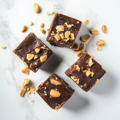 Raw vegan peanut butter fudge on a white marble background. Healthy vegan food concept