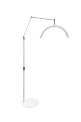 A contemporary floor lamp in white with an adjustable arm and a stylishly curved light fixture.