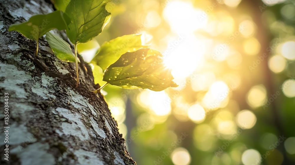 Fototapete Closeup of fresh green leaves glowing in the sunlight on a tree trunk in a serene forest setting : Generative AI