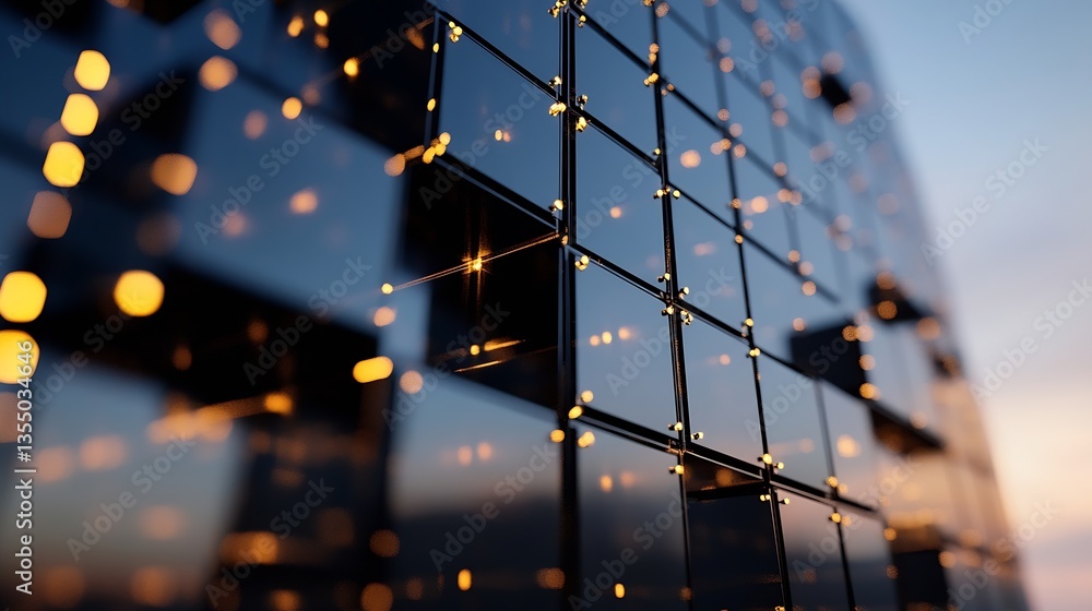 Poster Close up of a modern glass building with reflective surface illuminated by golden lights during twilight : Generative AI