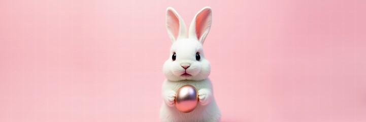 Obraz premium A cute white rabbit holds a colorful egg against a soft pink background, perfect for easter-themed designs and festive decorations.