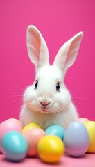 Adorable white bunny surrounded by colorful easter eggs against a vibrant pink background, perfect for seasonal marketing and festive designs.