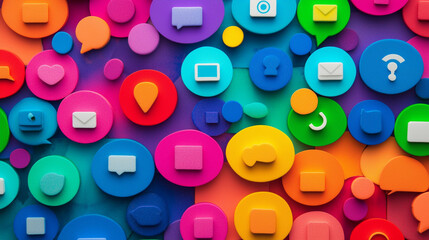 Naklejka premium A vibrant collage of colorful speech bubbles and icons representing communication, technology, and social media.