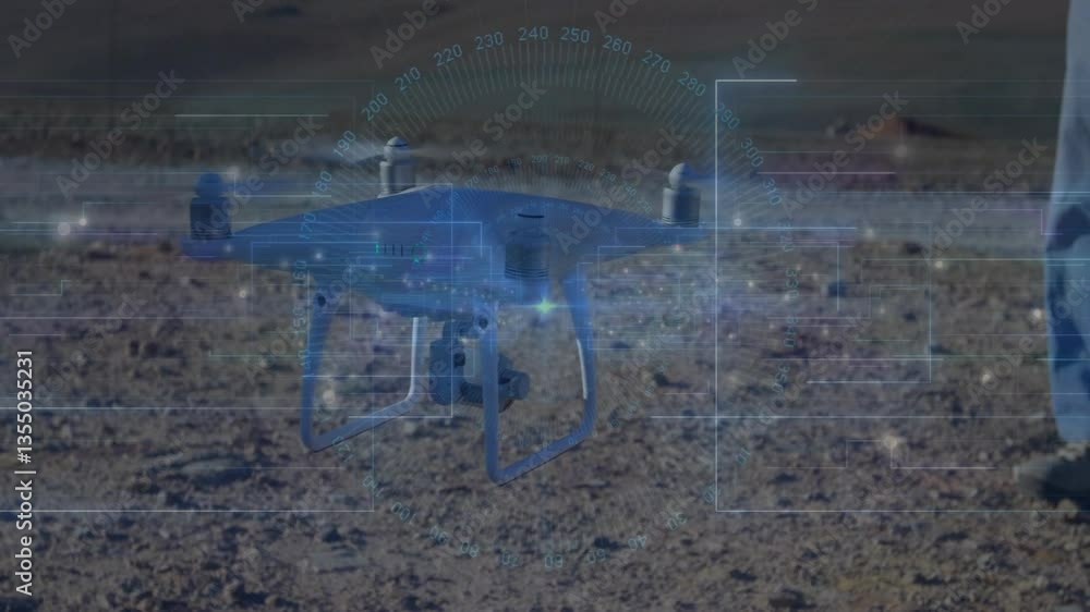 Poster drone displaying animation of data and coordinates on rocky ground interface