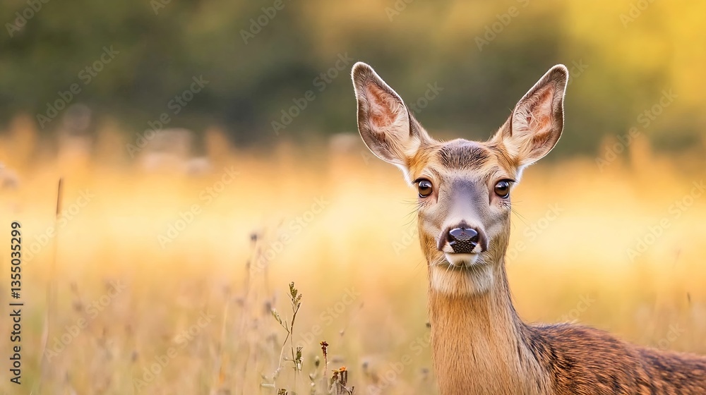 Poster gentle deer standing in a field surrounded by soft golden grass and a serene background : generative