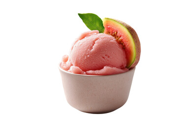 Refreshing guava sorbet in a delicate bowl, a scoop of summer's sweetness, adorned with a guava slice and a vibrant green leaf.