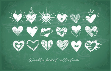 White hand-drawn doodle heart vector set on a green chalkboard background