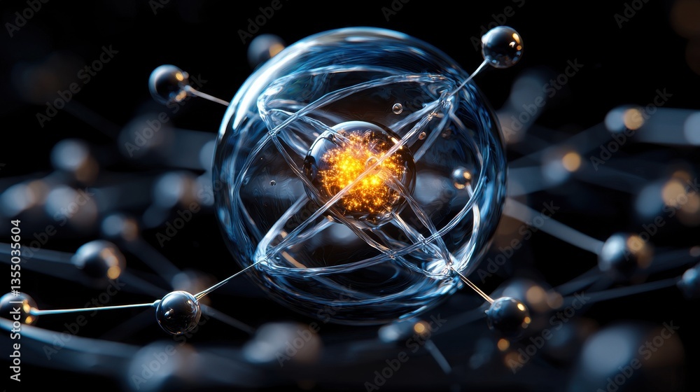 Poster a glowing sphere of light is surrounded by a cluster of smaller spheres