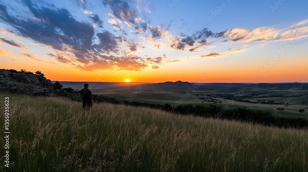 Aufkleber breathtaking sunset view over vast fields with a silhouette of a person standing in nature : generat
