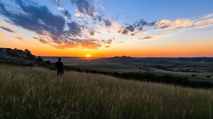 Breathtaking sunset view over vast fields with a silhouette of a person standing in nature : Generative AI