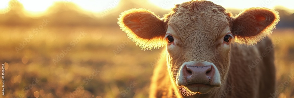 Poster close-up view of a cow enjoying warm sunlight in a rural farm setting with a soft and elegant atmosp