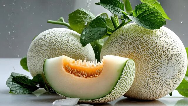A close-up view of whole and sliced cantaloupes surrounded by vibrant mint leaves, highlighting the freshness and natural textures in a cozy kitchen environment