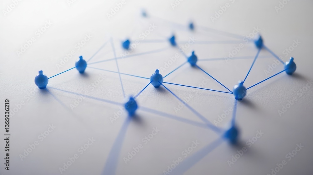 Poster abstract network of blue pushpins and threads on white background. possible use business concept