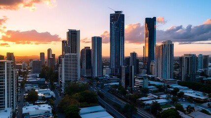 Obraz premium Stunning Aerial View of Skyscrapers and Golden Sunset Over a Metropolitan City Skyline : Generative AI