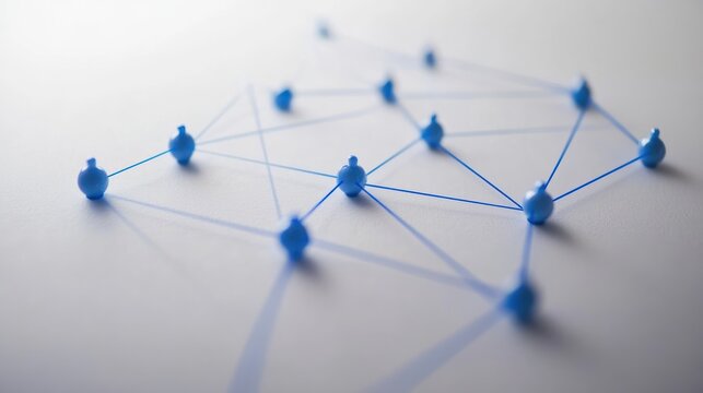 Abstract network of blue pushpins and threads on white background. Possible use Business concept