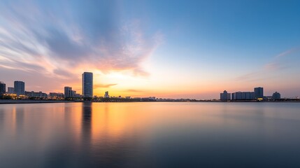 Obraz premium Breathtaking Cityscape at Sunset with Silhouettes of Skyscrapers Reflected on Water Surface : Generative AI