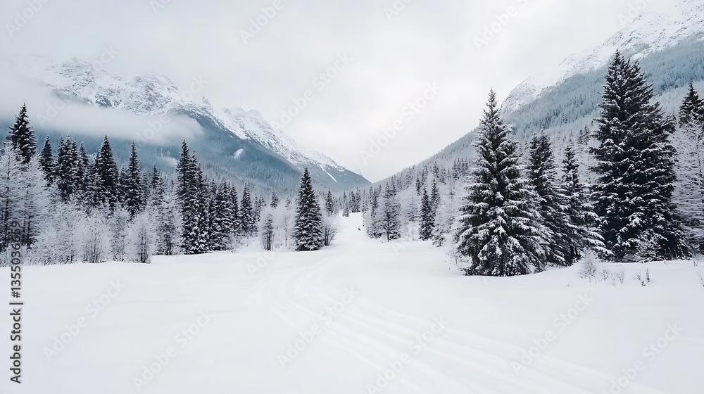 Poster snow covered mountain landscape with tall pine trees creating a winter wonderland in tranquil nature