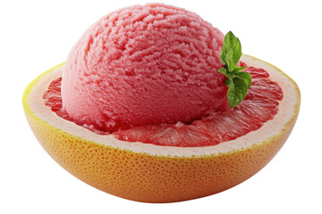 Refreshing pink grapefruit sorbet nestled in a juicy grapefruit half, a summer delight with vibrant colors and a clean background.