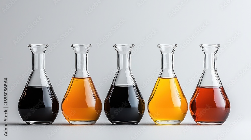 Poster a row of five glass bottles, each containing a different colored liquid