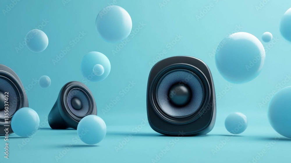 Poster a clean and minimalistic 3d render featuring sleek black speakers surrounded by floating blue sphere