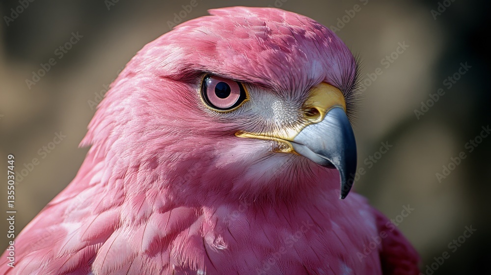 Poster a close-up shot of a pink hawk with bright pink feathers and sharp yellow eyes, set against a blurre