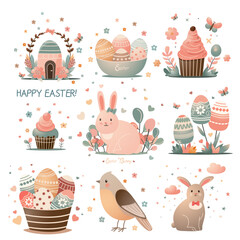 retro flat set of easter decor elements in cute flat style with gradient effect . vector simple vintage group with easter details