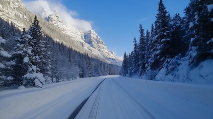 Fototapeta premium Beautiful winter landscape featuring a snowcovered road winding through evergreen trees and majestic mountains : Generative AI