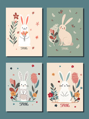 cute set of four easter cards with bunnies and flowers in pastel shades. Vector art on spring theme with group of four cards