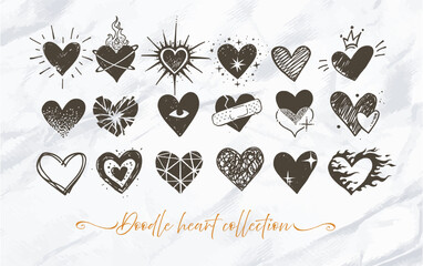 Collection of hand drawn doodle hearts on old paper background
