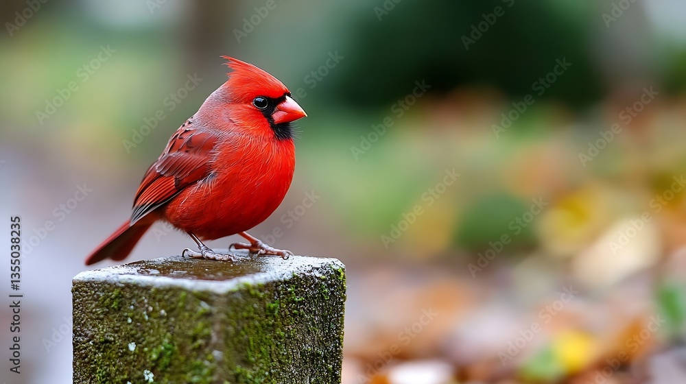 Poster vibrant red cardinal perched on a mossy rock amidst a blurred autumn background creating a serene sc